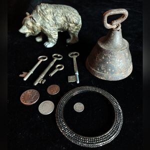 Grandpa's Antique Vintage Lot -Bronze Statue -1800s Bell - Keys- Coins- Bracelet